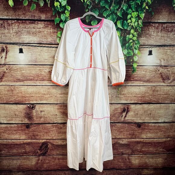 $345 STAUD Demi Dress Womens Large White Poplin Rainbow Tiered Maxi Lined Cotton - Picture 2 of 8